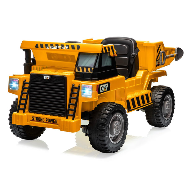 Garvee Ride - P Series: 12V with Electric Dump Bed, Remote Control, MP3, USB, Music Player, Yellow, Safe All-Terrain Tires