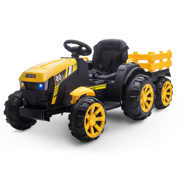 Garvee Ride - P Series: 12V Kids Ride On Tractor with Trailer, LED Lights for Boy Girl - Yellow