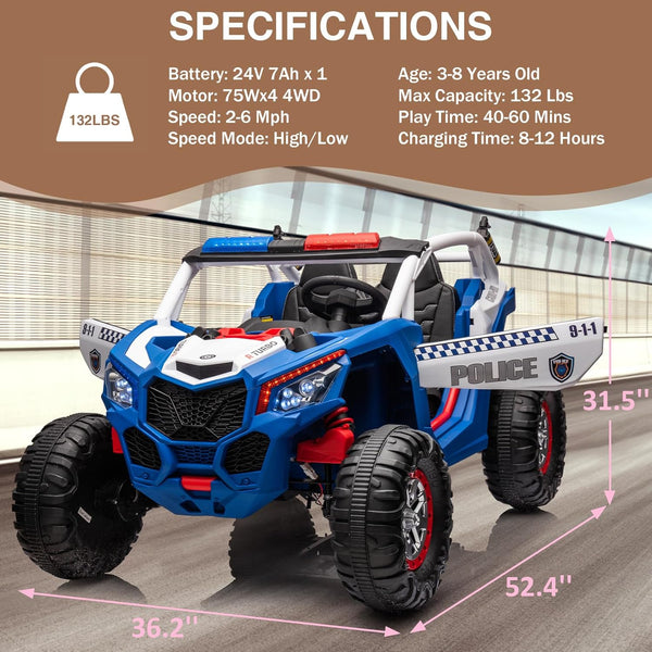 Garvee Ride - P Series: 24V 2 Seater Kids Ride on UTV Car For age 3+, w/Remote Control, 4WD Powerful Electric Vehicle with 4x75W Motors, 4 Shock Absorber, Leather Seat, Music and Light - Blue