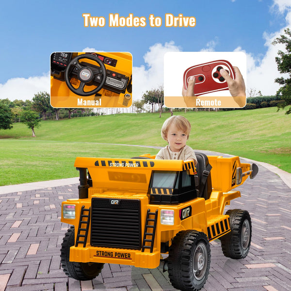 Garvee Ride - P Series: 12V with Electric Dump Bed, Remote Control, MP3, USB, Music Player, Yellow, Safe All-Terrain Tires