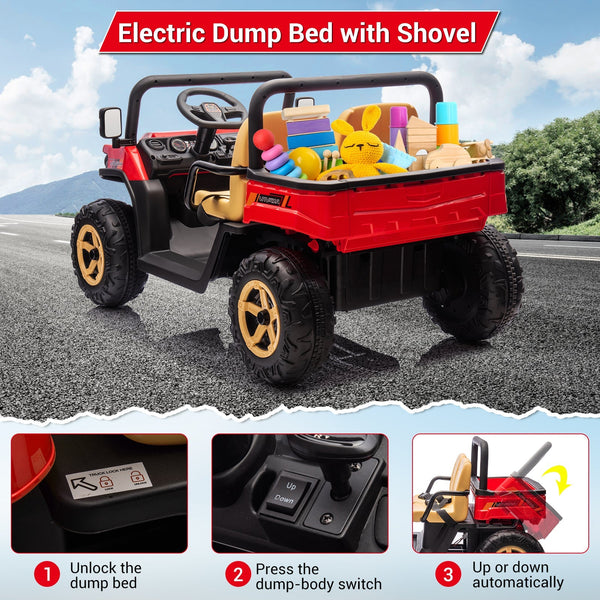 Garvee Ride - P Series: 24v Ride On Dump Truck, 2 Seater Electric Ride On Car Toy for Kids, Battery Powered UTV with 4x35W Motors, Shovel, Bluetooth, Remote Control, Music, LED Lights for Boys & Girls - Red