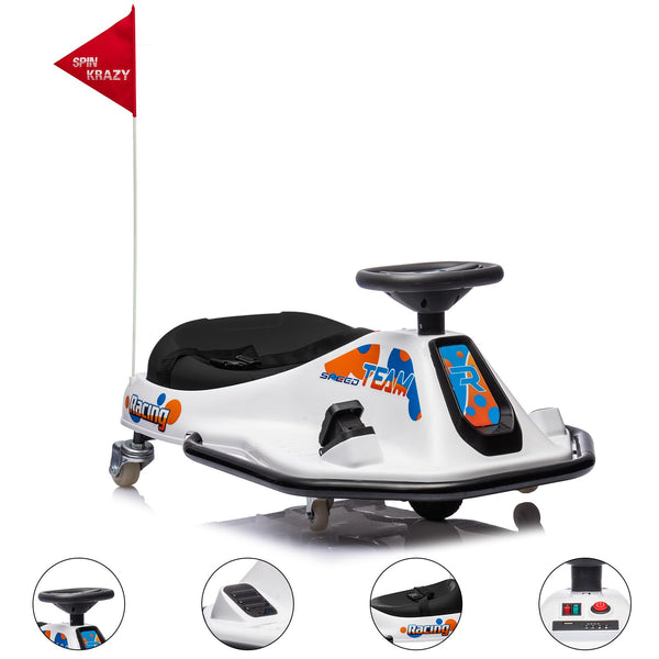 Garvee Ride - P Series: 360 Degrees Rotating Ride On Drift Car,Electric Drifting Go Kart,24V Ride On Race Car,Variable Speed for Kids,Simplified Drift System,Flashing Lights, Flag, Music - White