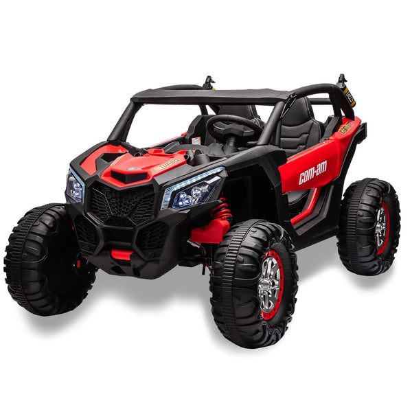 Garvee Ride - P Series: 24V 2 Seater Kids Ride on UTV Car For age 3+, w/Remote Control, 4WD Powerful Electric Vehicle with 4x75W Motors, 4 Shock Absorber, Leather Seat, Music and Light - Red