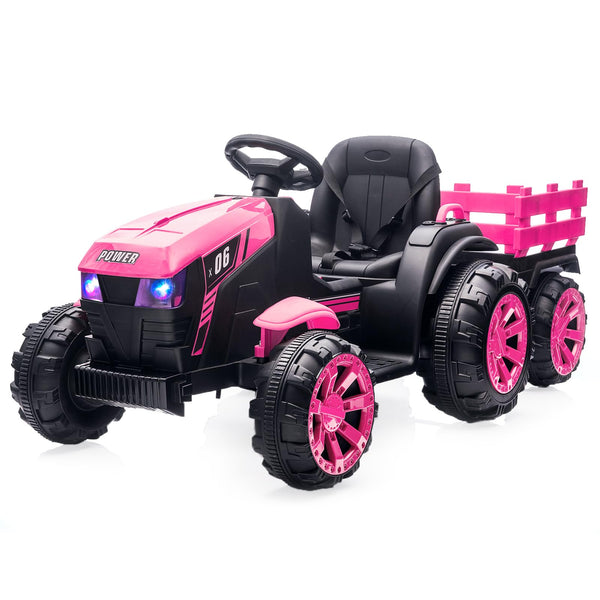 Garvee Ride - P Series: 12V Kids Ride On Tractor with Trailer, LED Lights for Boy Girl - Pink