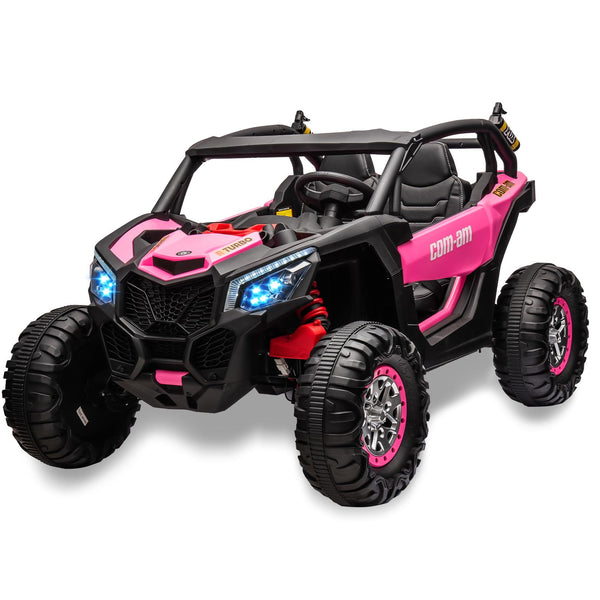 Garvee Ride - P Series: 24V 2 Seater Kids Ride on UTV Car For age 3+, w/Remote Control, 4WD Powerful Electric Vehicle with 4x75W Motors, 4 Shock Absorber, Leather Seat, Music and Light - Pink