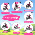 Garvee Baby Tricycle, 7 in 1 Folding Toddler Bike w/Removable Adjustable Push Handle, Canopy, Rotatable Seat, Safety Harness, Cup Holder & Storage, Trike for 1-5 Year Old, Tricycle for Toddlers - Rose Red