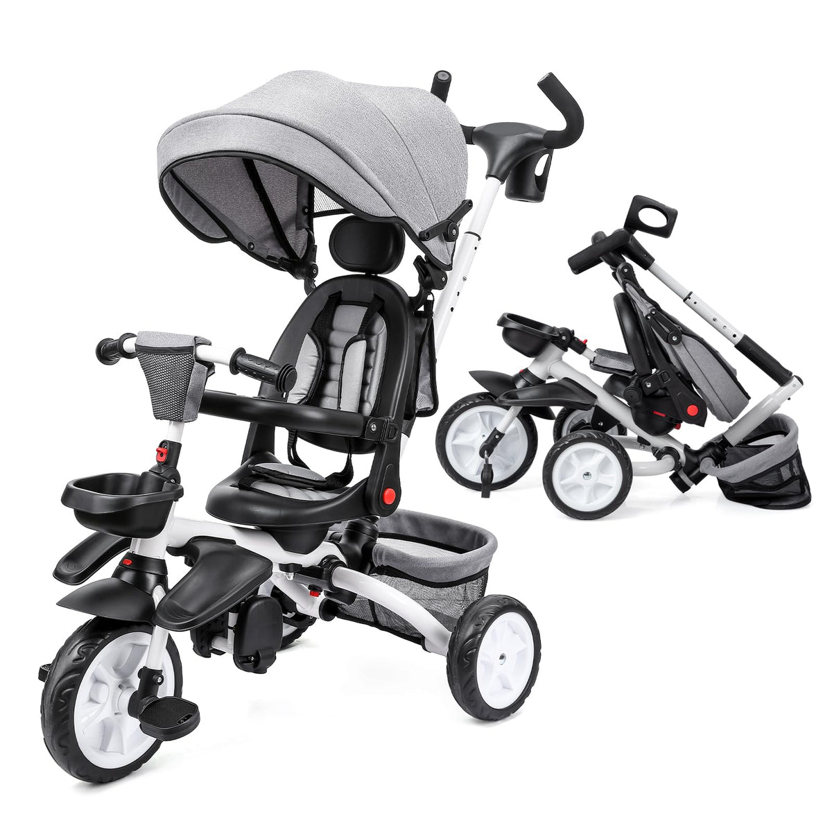 Garvee 7-in-1 Baby Tricycle, Folding Toddler Trike, Adjustable Push Handle, Rotatable Seat, Safety Harness, All-Terrain Wheels, For 1-5 Year Olds (Gray)