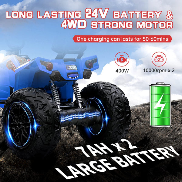 Garvee Ride - P Series: 24V Kids Quad ATV, Ride on Car 4WD Quad Electric Vehicle, 4x80W Powerful Engine, with 7AHx2 Large Battery, Accelerator Handle, EVA Tire, Full Metal Suspension, LED Light, Bluetooth&Music - Blue