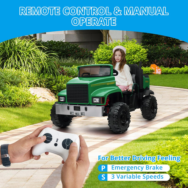 Garvee Ride - P Series: 24V Ride On Truck with Remote Control Electric UTV Vehicles with Dump Bed, 4WD Power 4x200W Motors,4xSpring Suspension, 3 Speeds, 2 Seater Kids Ride On Toys Best Gifts for Kids - Green