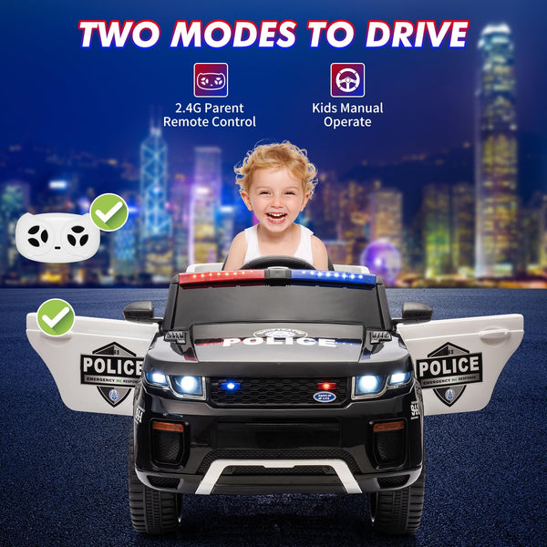 Garvee Ride - P Series: 12V Kids Ride On Police Car Suv Battery Operated Ride On Toy Toddlers Electric Cars With 2.4G Remote Control, LED Flashing Light, Megaphone, Spring Suspension, Handle, Music, Black