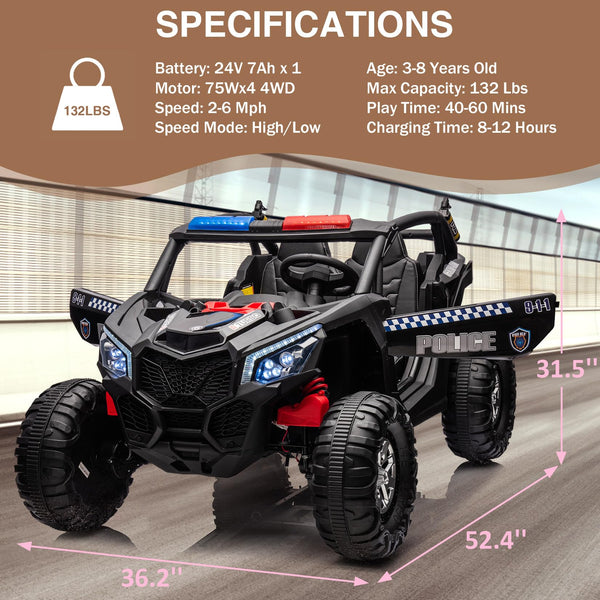 Garvee Ride - P Series: 24V 2 Seater Kids Ride on UTV Car For age 3+, w/Remote Control, 4WD Powerful Electric Vehicle with 4x75W Motors, 4 Shock Absorber, Leather Seat, Music and Light - Black