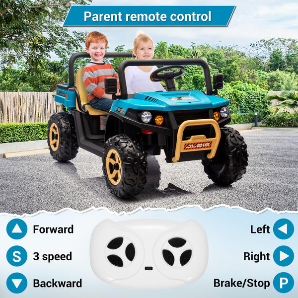 Garvee Ride - P Series: 24v Ride On Dump Truck, 2 Seater Electric Ride On Car Toy for Kids, Battery Powered UTV with 4x35W Motors, Shovel, Bluetooth, Remote Control, Music, LED Lights for Boys & Girls - Blue