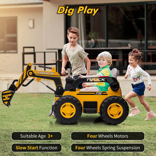 Garvee Ride - P Series: 12V Kids Ride On Excavator Digger Car with Remote Control & Electric Digging Arm with 2x35W Motors, 10Ah Large Battery, 4x75W Driving Motors,Led Tail Light, Music, USB, Ride Toy , Yellow