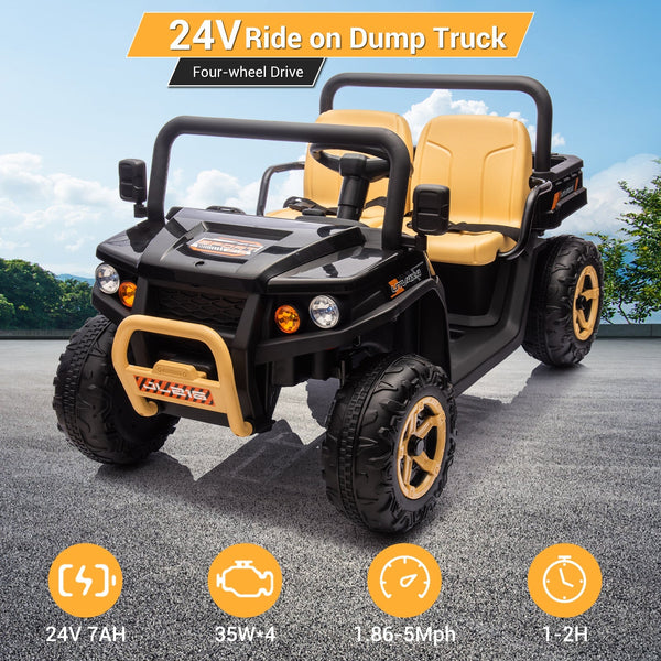 Garvee Ride - P Series: 24v Ride On Dump Truck, 2 Seater Electric Ride On Car Toy for Kids, Battery Powered UTV with 4x35W Motors, Shovel, Bluetooth, Remote Control, Music, LED Lights for Boys & Girls, Black