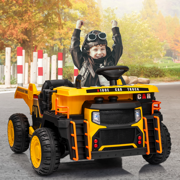 Garvee Ride - P Series: 24V Ride On Dump Truck, 2 Seater Electric Cars for Kids with Remote Control, Dump Bed, Shovel, Music, Led, Wheel Shock Absorption,Ride On Construction Vehicle Four- for Kids 3+,Yellow